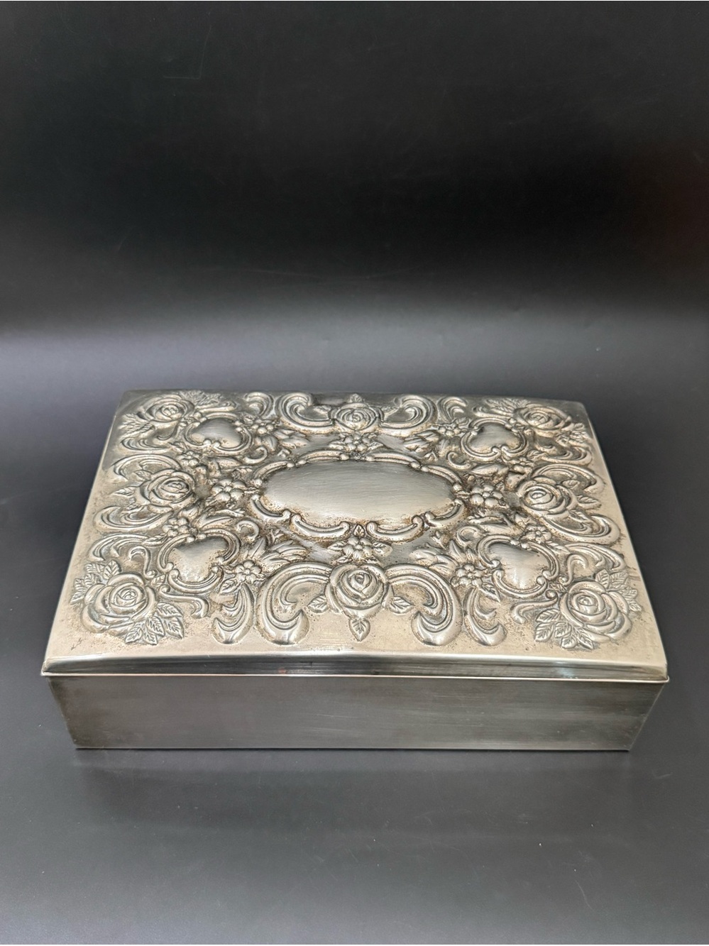 Vintage GODINGER Silver Plated Repousse Large Blue Velvet lined Jewelry Box